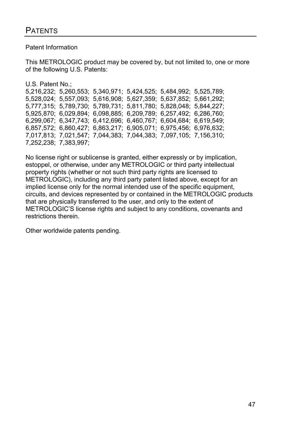 Patents | Metrologic Instruments IS3480 User Manual | Page 51 / 56