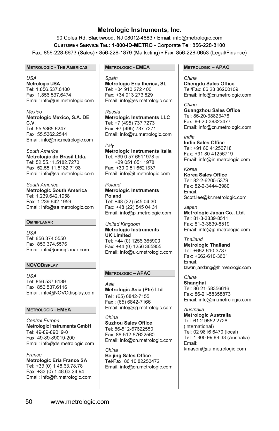 Office locations and contact information | Metrologic Instruments IS3480 User Manual | Page 54 / 56