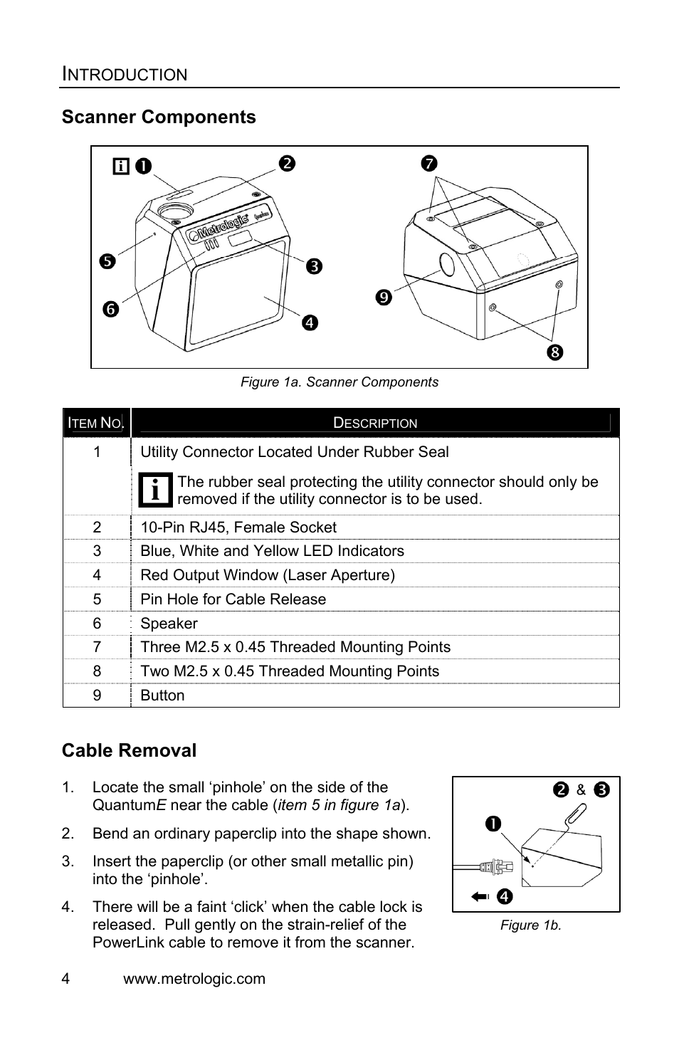 Scanner components, Cable removal | Metrologic Instruments IS3480 User Manual | Page 8 / 56