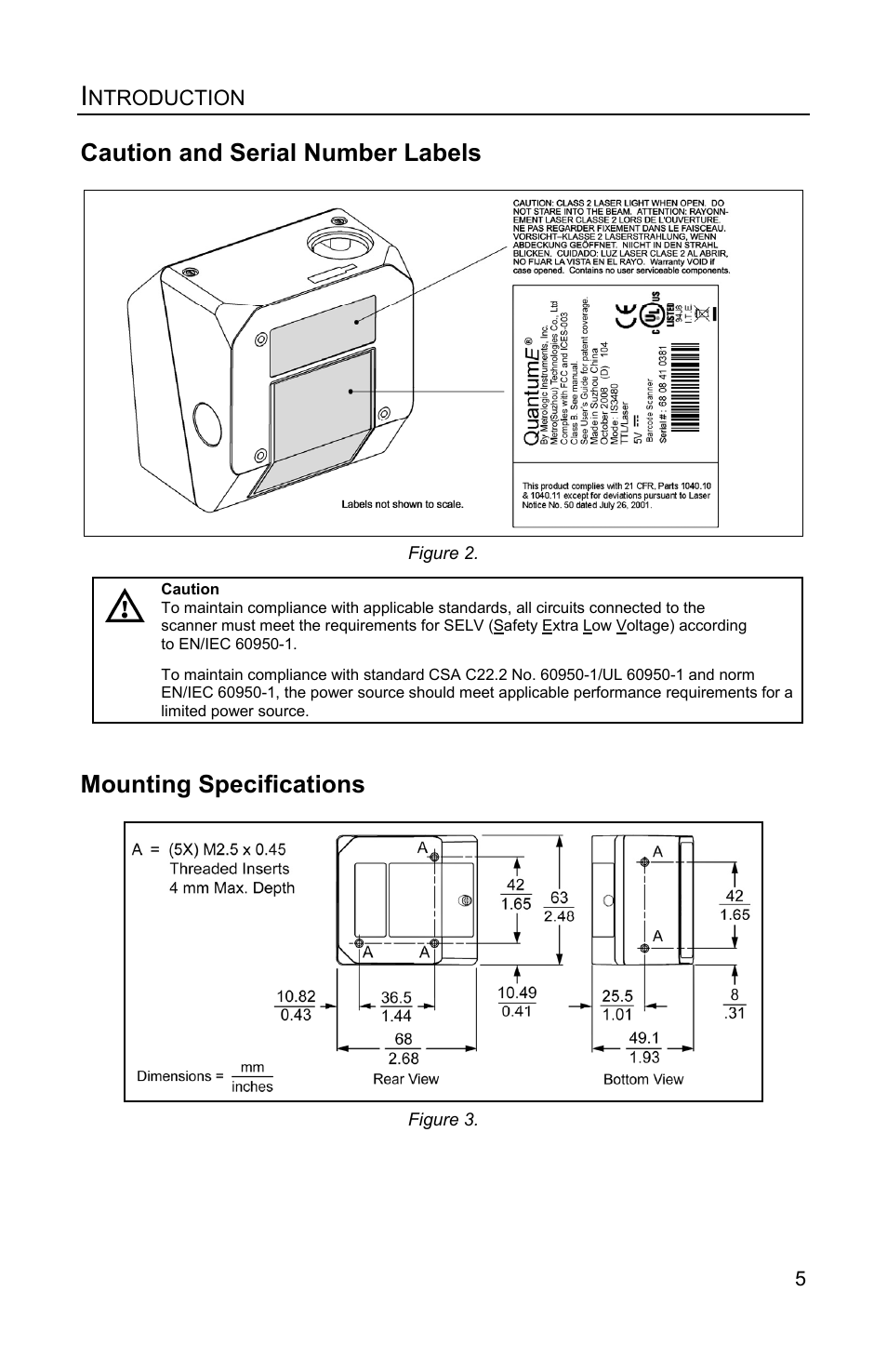 Caution and serial number labels, Mounting specifications | Metrologic Instruments IS3480 User Manual | Page 9 / 56