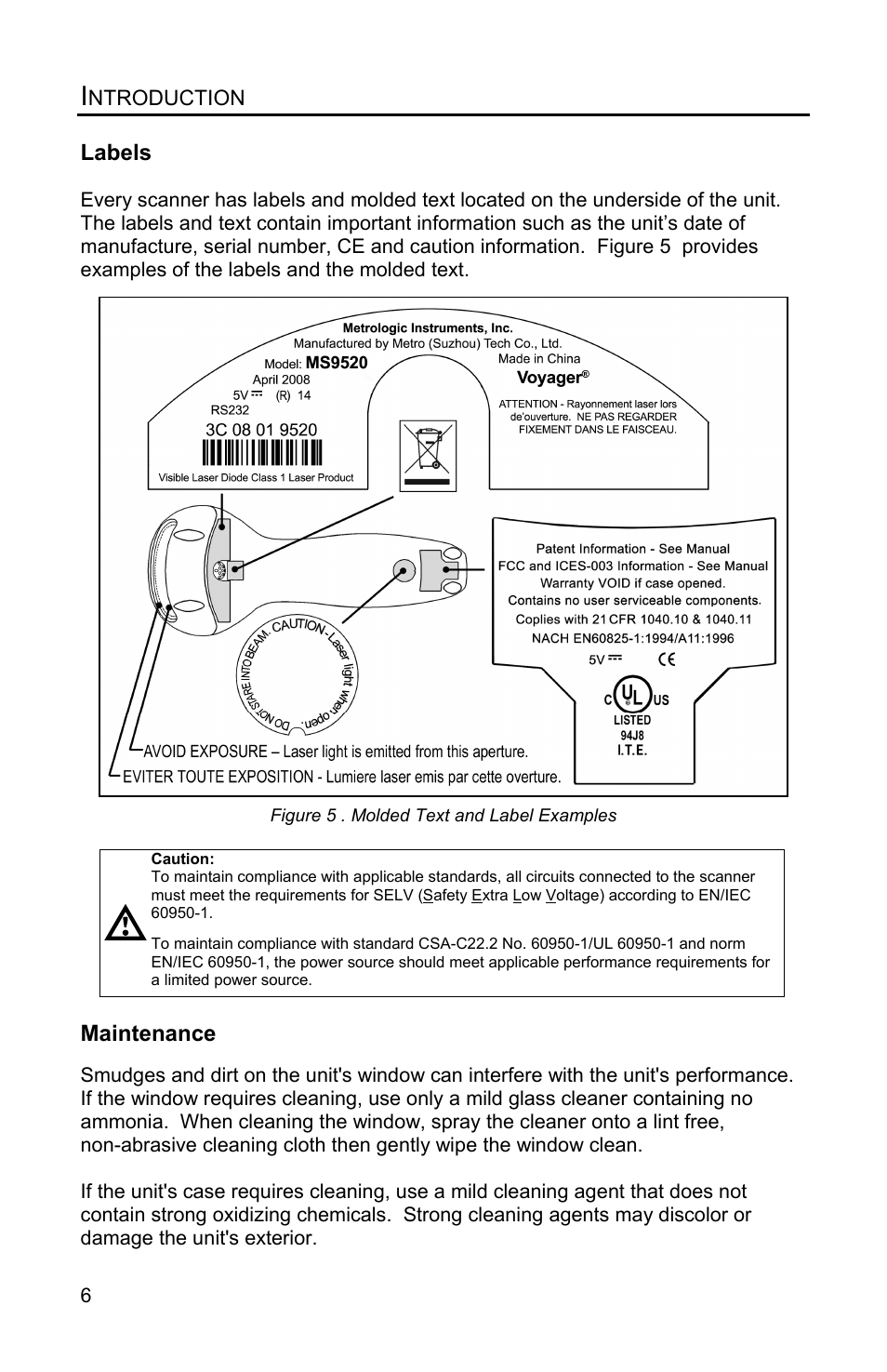 Labels, Maintenance | Metrologic Instruments Voyager MS9500 Series User Manual | Page 10 / 56