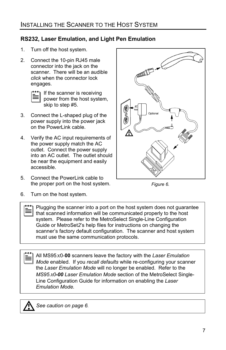 Installing the scanner to the host system, Rs232, laser emulation, and light pen emulation | Metrologic Instruments Voyager MS9500 Series User Manual | Page 11 / 56