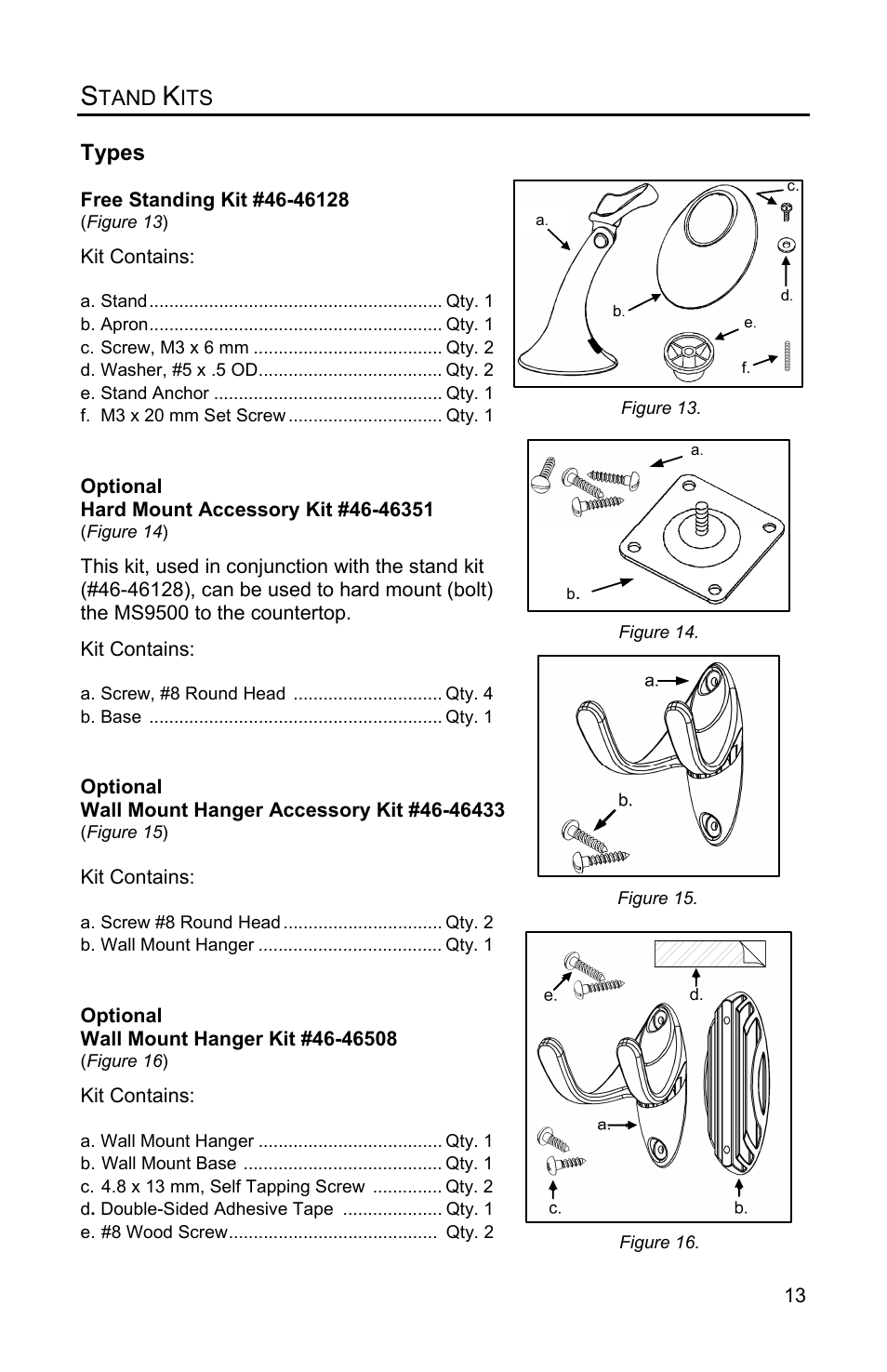 Stand kits, Free standing kits #46-46128, Optional hard mount accessory kit #46-46351 | Optional wall mount hanger accessory kit #46-46433, Optional wall mount hanger kit #46-46508, Types | Metrologic Instruments Voyager MS9500 Series User Manual | Page 17 / 56