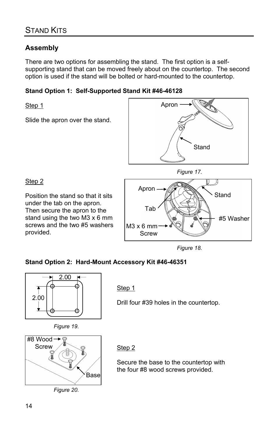 Assembling the stand, Self-supported stand kit #46-46128, Hard-mount accessory kit #46-46351 | Assembly | Metrologic Instruments Voyager MS9500 Series User Manual | Page 18 / 56