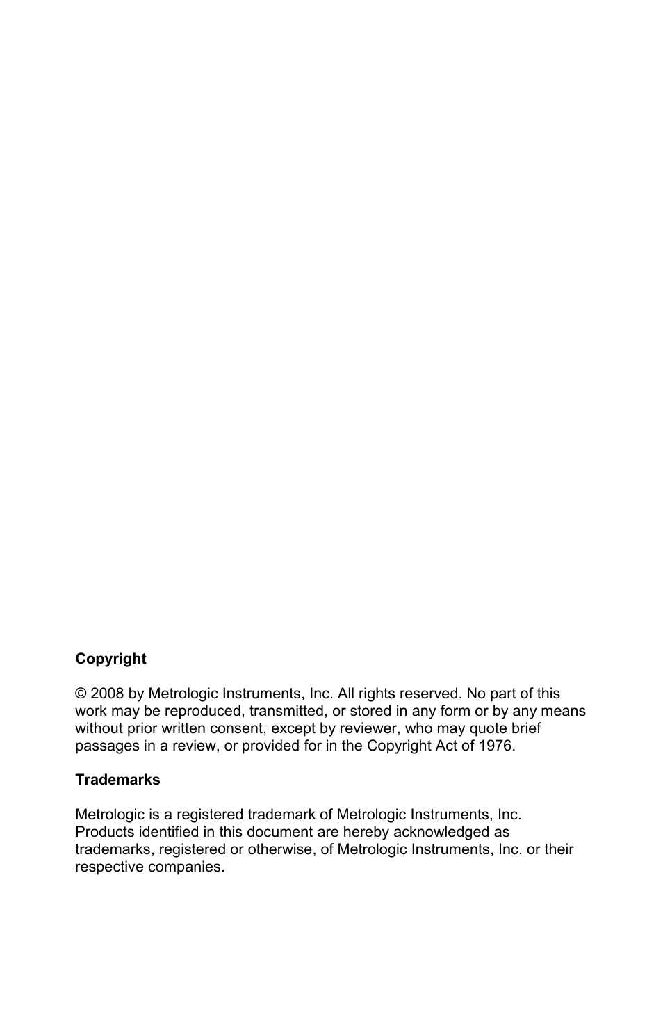 Copyright | Metrologic Instruments Voyager MS9500 Series User Manual | Page 2 / 56