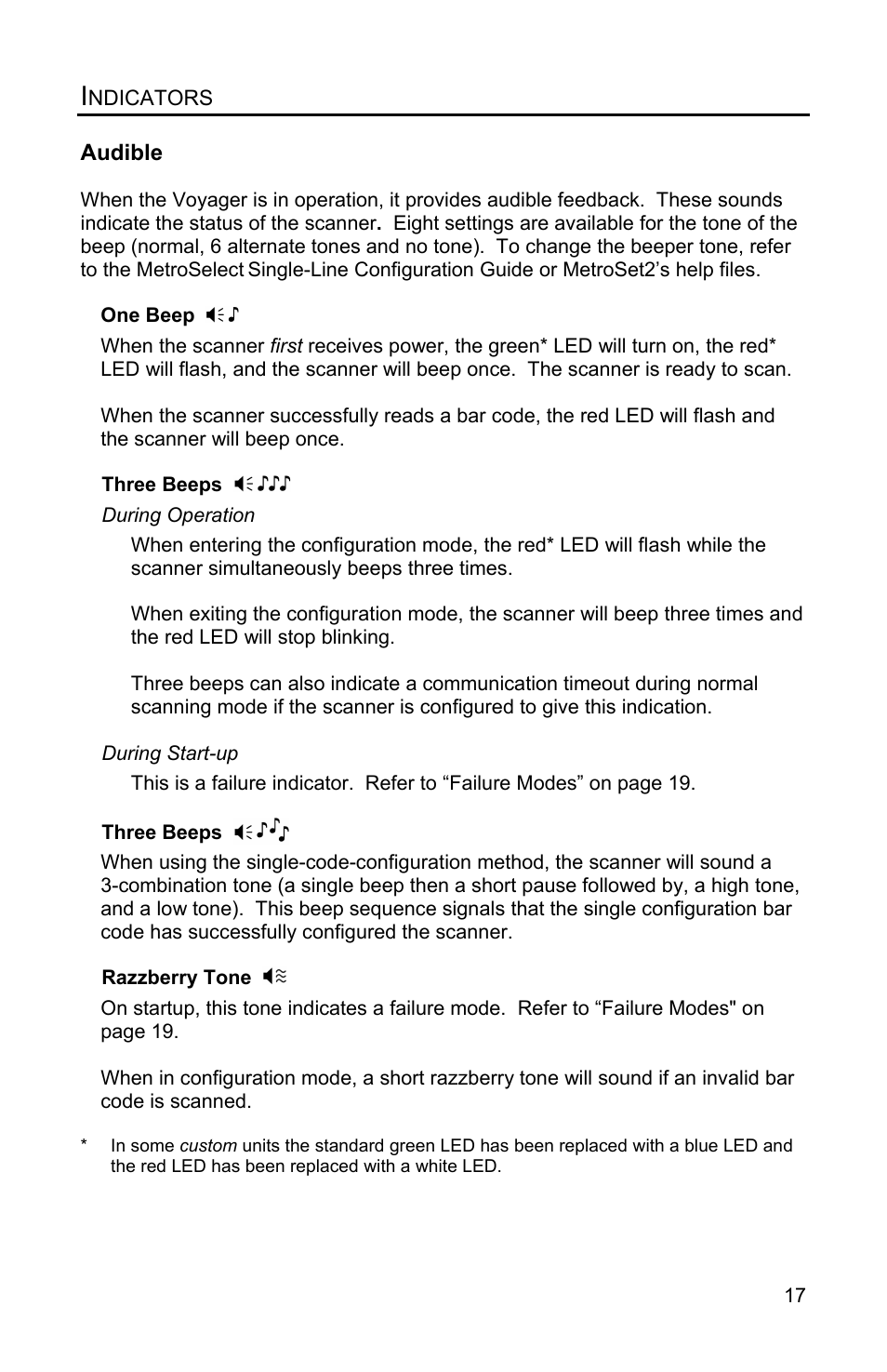 Indicators, Audible | Metrologic Instruments Voyager MS9500 Series User Manual | Page 21 / 56