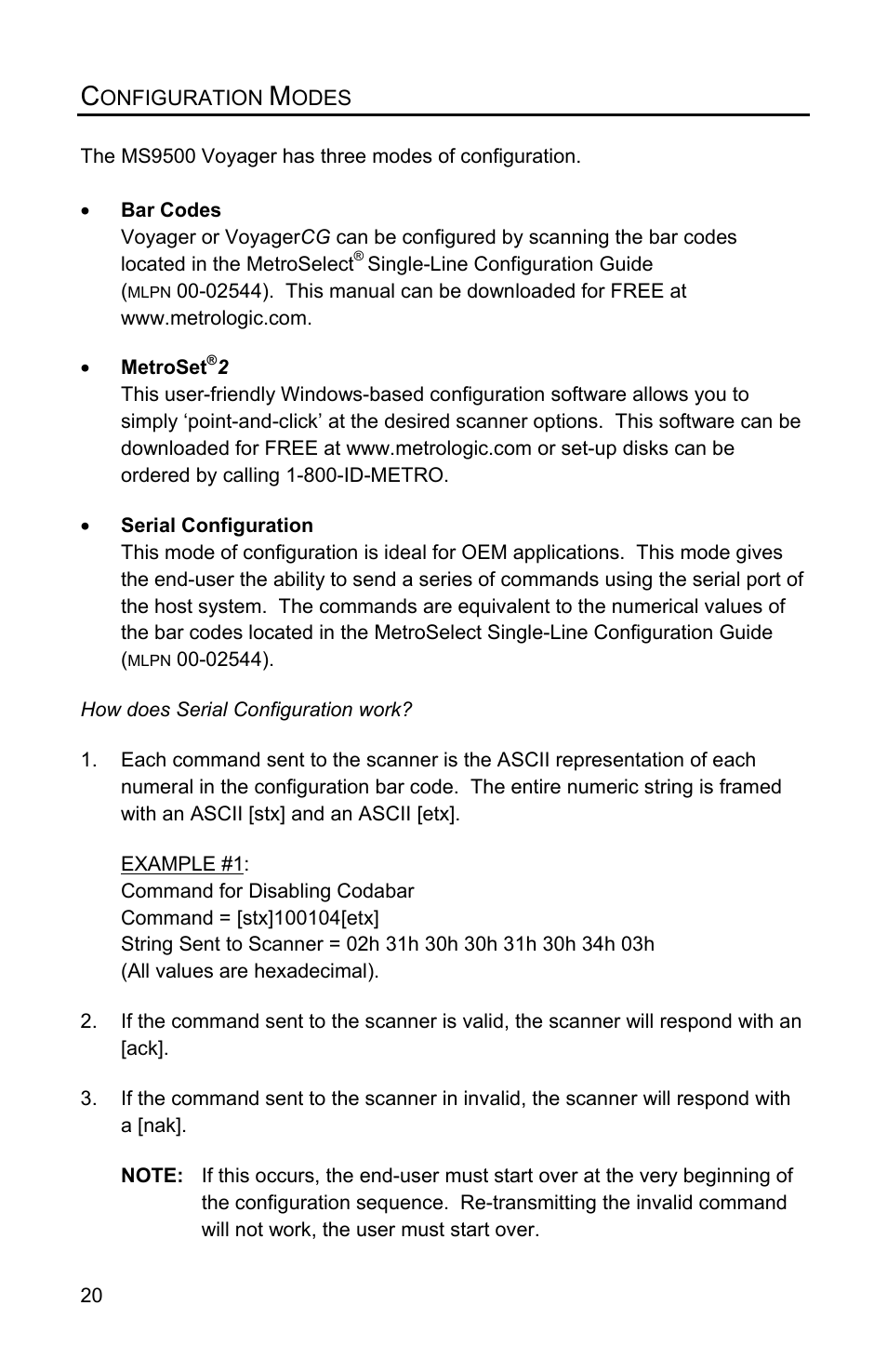 Configuration modes | Metrologic Instruments Voyager MS9500 Series User Manual | Page 24 / 56