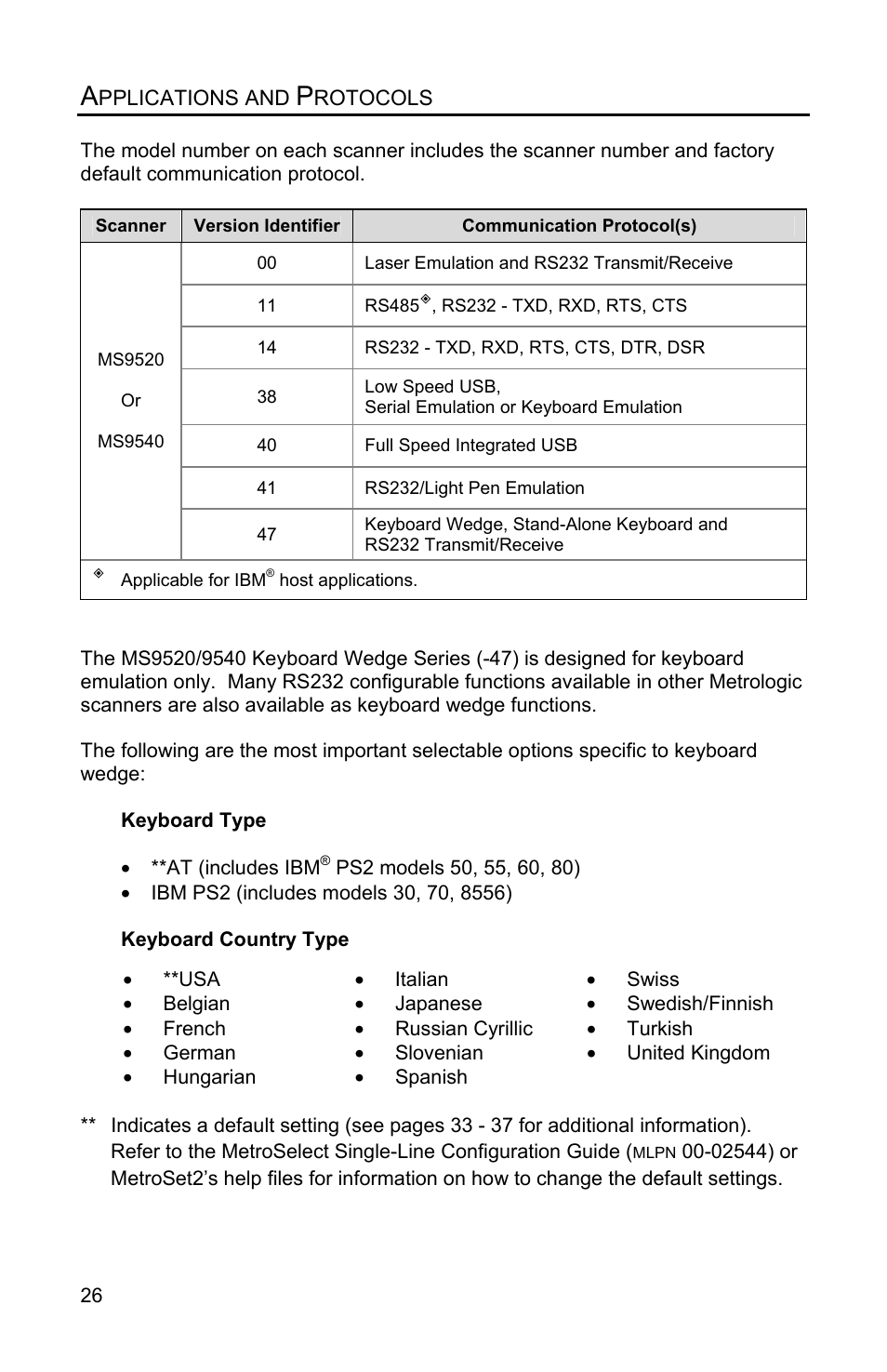 Applications and protocols | Metrologic Instruments Voyager MS9500 Series User Manual | Page 30 / 56