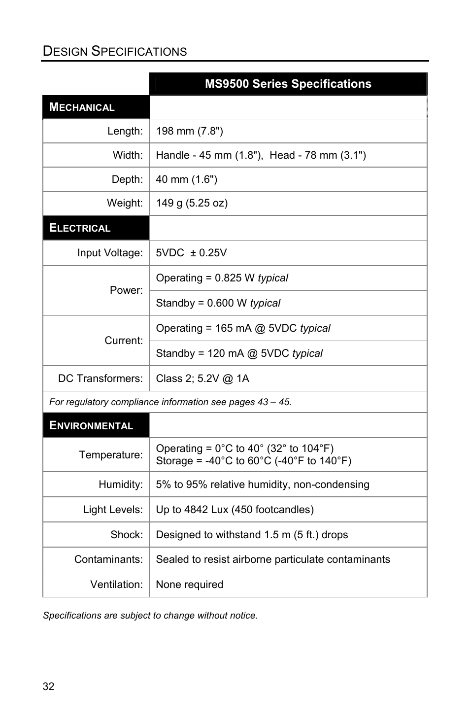 Mechanical, Electrical, Environmental | Metrologic Instruments Voyager MS9500 Series User Manual | Page 36 / 56