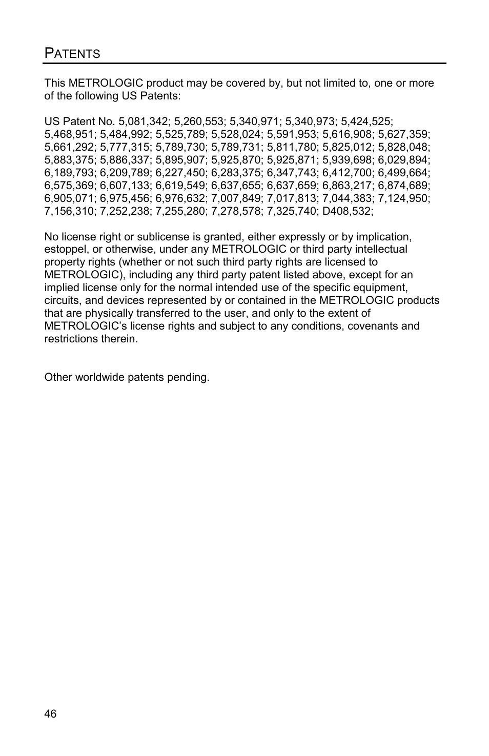 Patents | Metrologic Instruments Voyager MS9500 Series User Manual | Page 50 / 56
