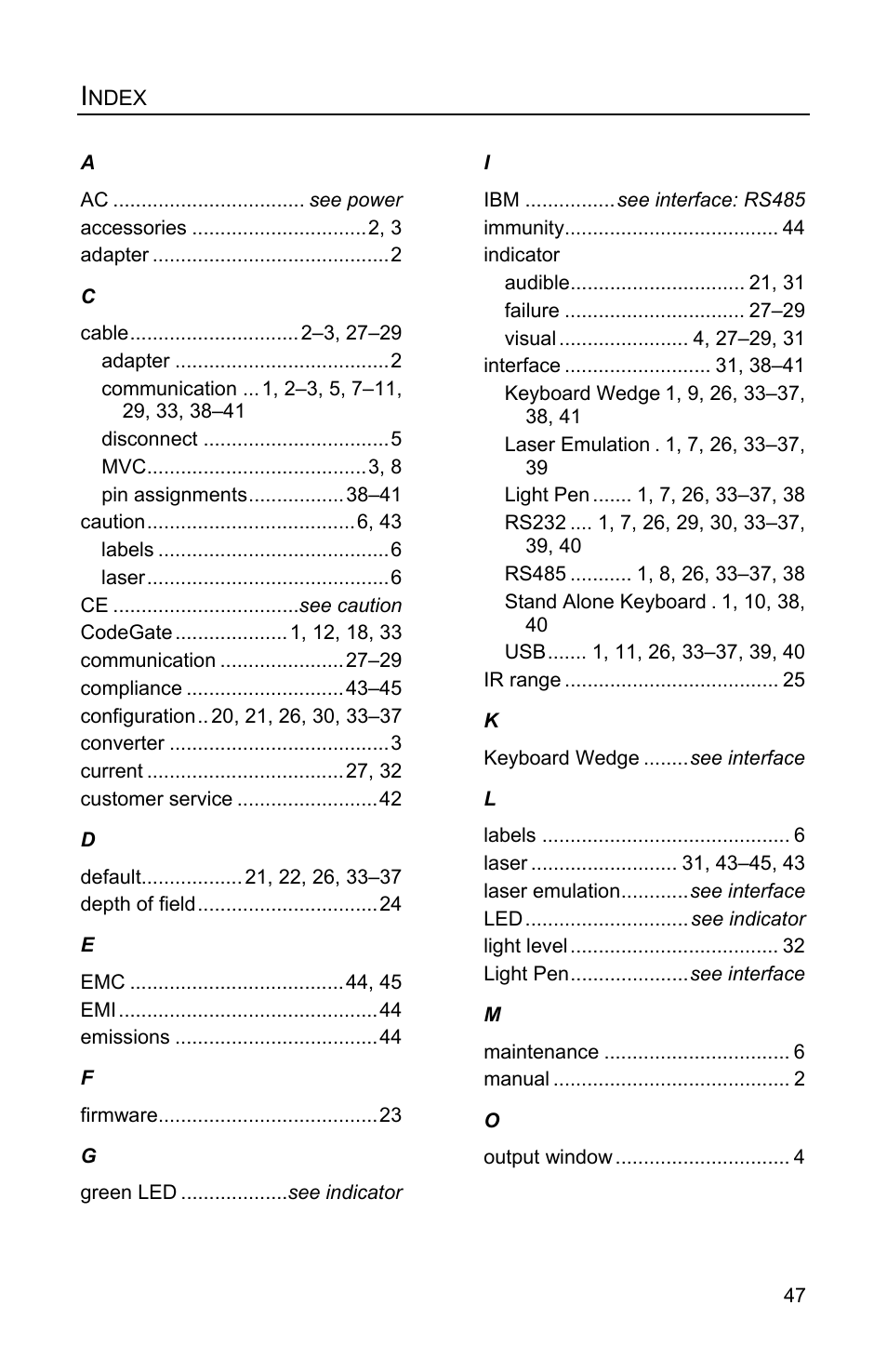 Index, Patents | Metrologic Instruments Voyager MS9500 Series User Manual | Page 51 / 56