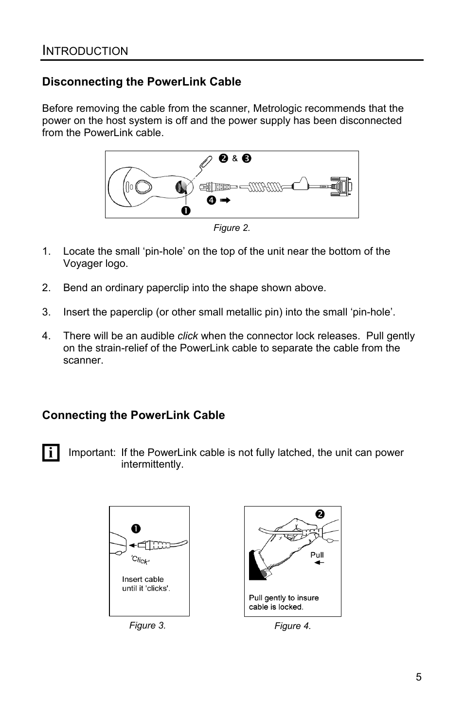 Disconnecting/connecting the powerlink cable, Disconnecting, Connecting | Metrologic Instruments Voyager MS9500 Series User Manual | Page 9 / 56