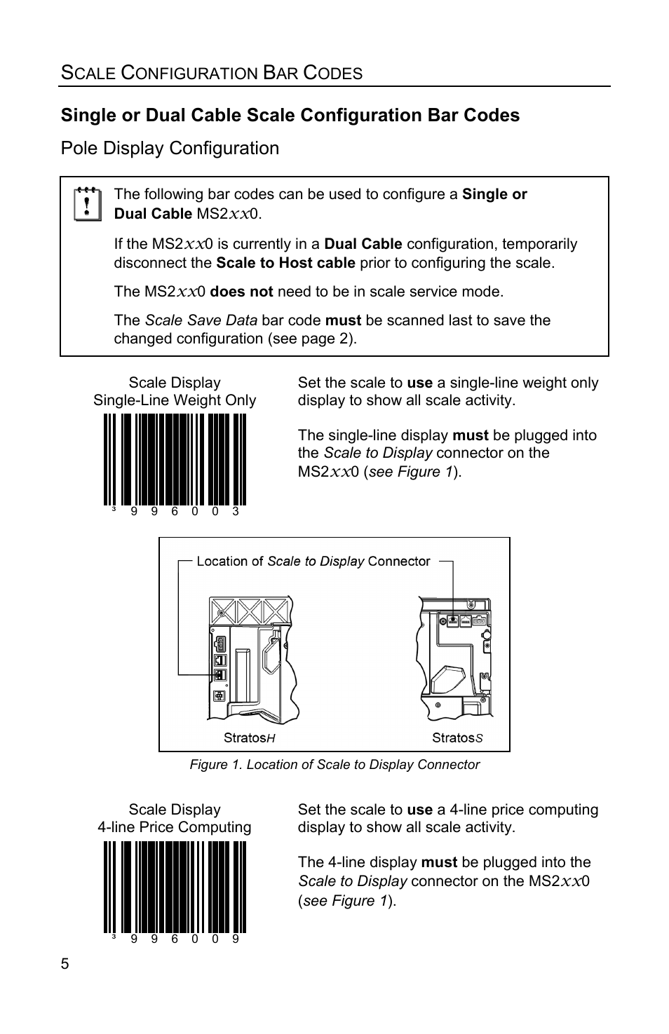 Single or dual cable scale configuration bar codes, Pole display configuration | Metrologic Instruments Stratos MS2x20 Series User Manual | Page 10 / 92