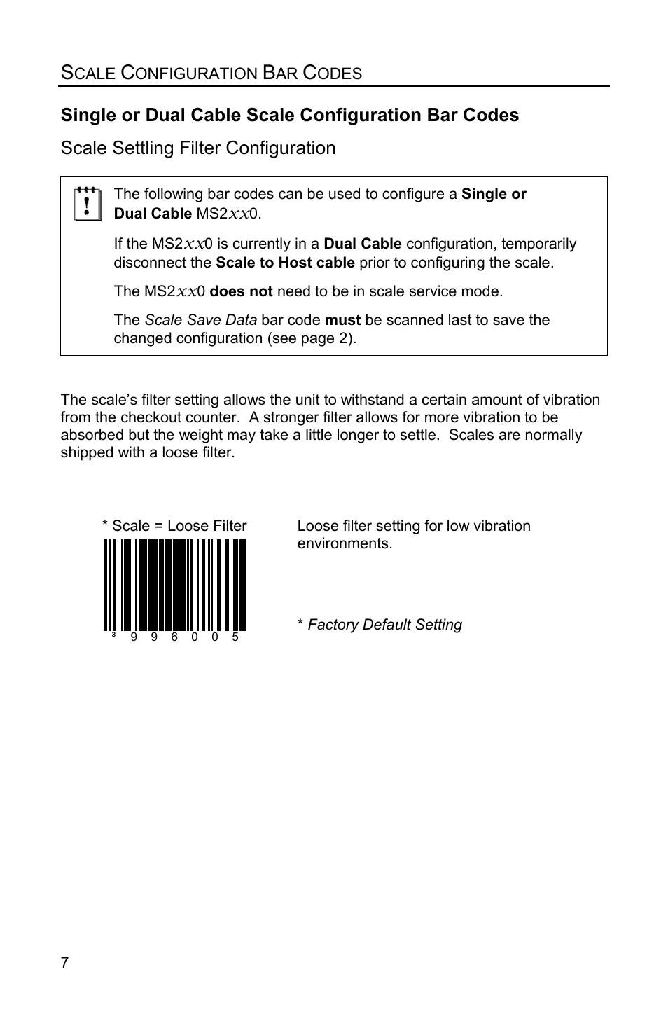 Single or dual cable scale configuration bar codes, Scale settling filter configuration | Metrologic Instruments Stratos MS2x20 Series User Manual | Page 12 / 92