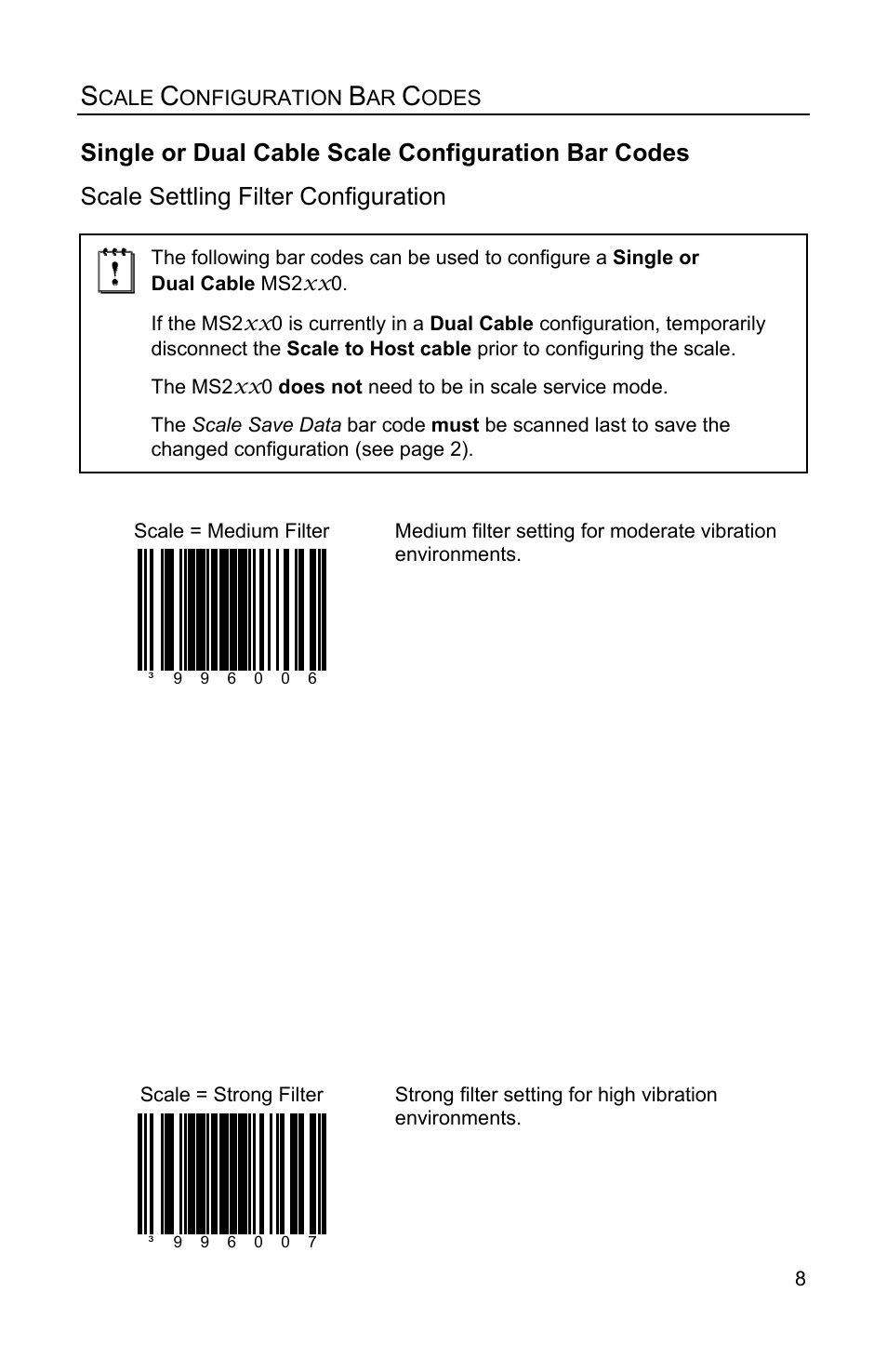 Single or dual cable scale configuration bar codes, Scale settling filter configuration | Metrologic Instruments Stratos MS2x20 Series User Manual | Page 13 / 92