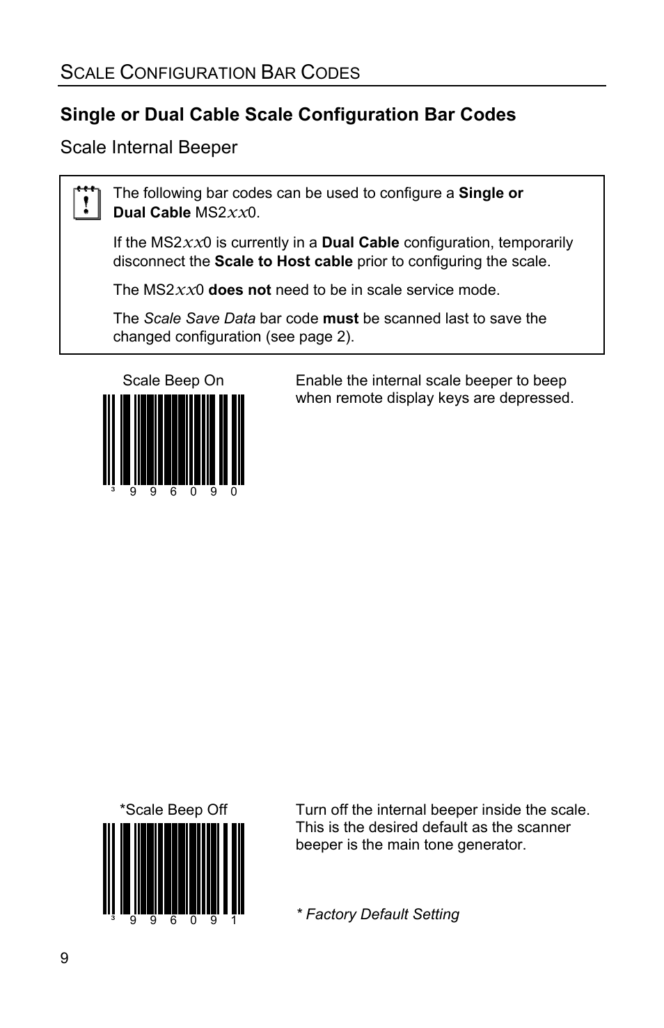 Single or dual cable scale configuration bar codes, Scale internal beeper | Metrologic Instruments Stratos MS2x20 Series User Manual | Page 14 / 92