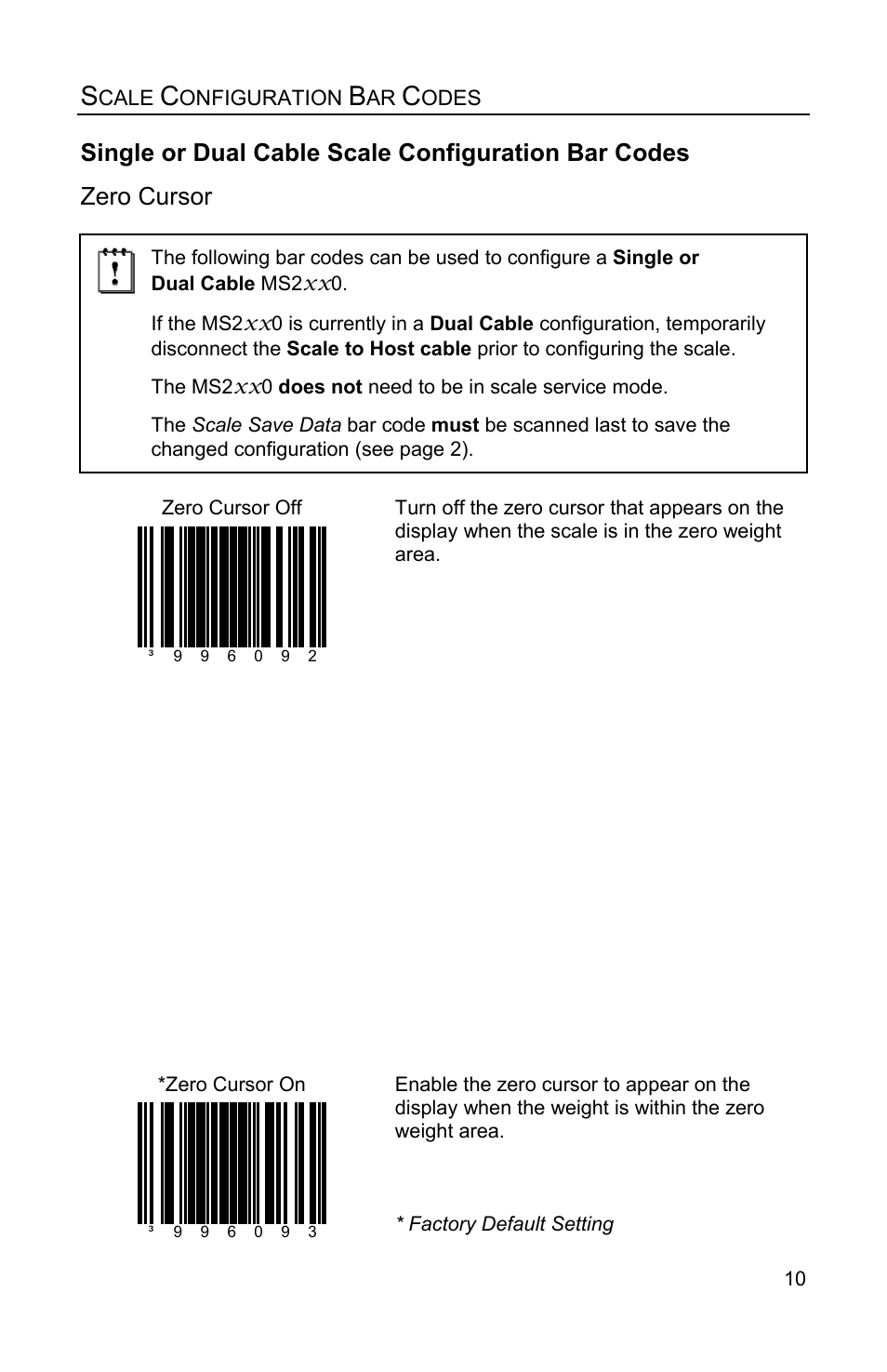 Single or dual cable scale configuration bar codes, Zero cursor | Metrologic Instruments Stratos MS2x20 Series User Manual | Page 15 / 92