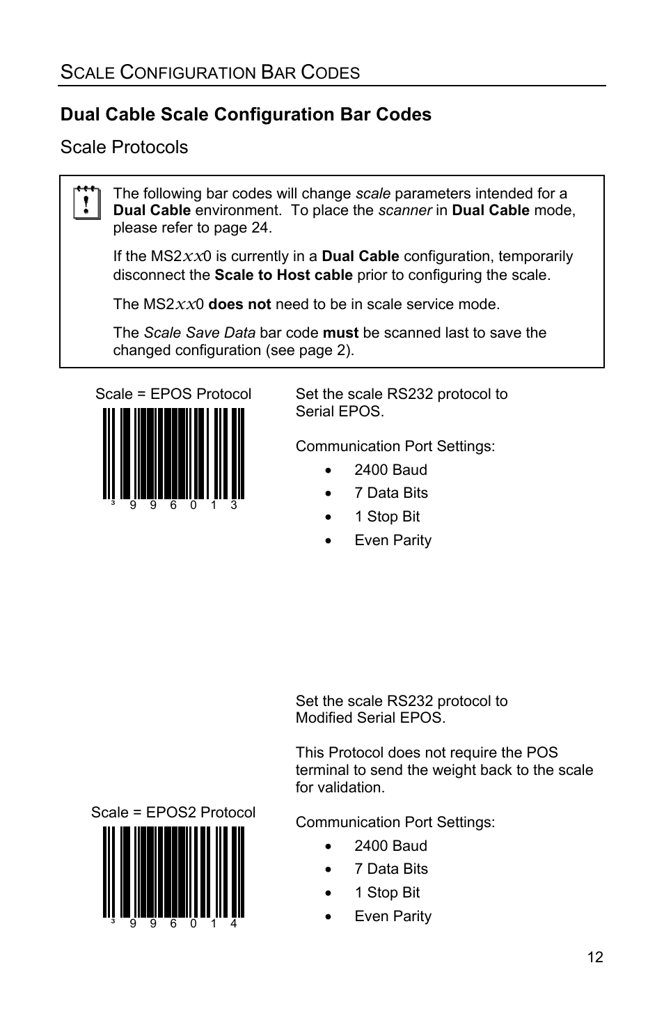 Dual cable scale configuration bar codes, Scale protocols | Metrologic Instruments Stratos MS2x20 Series User Manual | Page 17 / 92