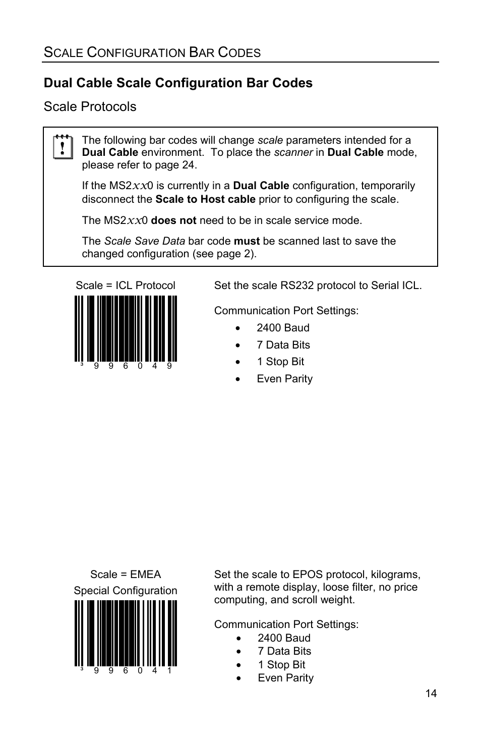 Dual cable scale configuration bar codes, Scale protocols | Metrologic Instruments Stratos MS2x20 Series User Manual | Page 19 / 92