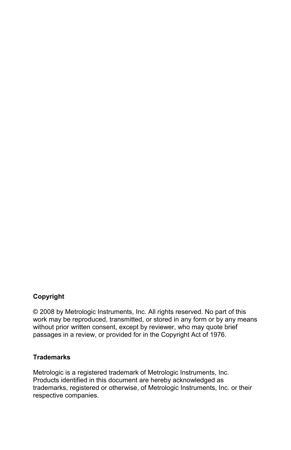 Copyright/trademarks | Metrologic Instruments Stratos MS2x20 Series User Manual | Page 2 / 92