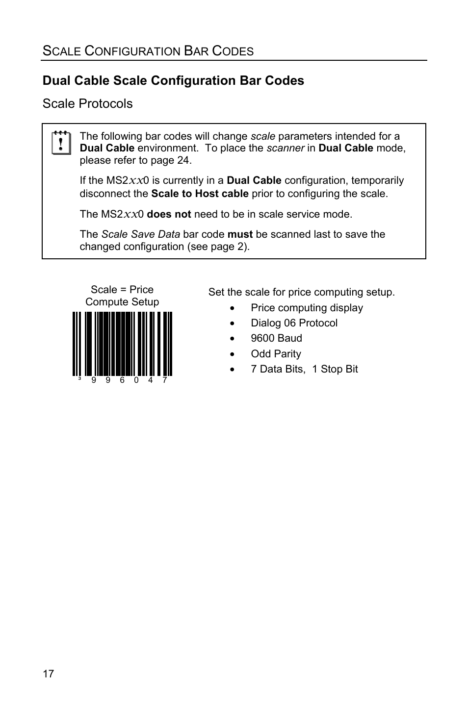 Dual cable scale configuration bar codes, Scale protocols | Metrologic Instruments Stratos MS2x20 Series User Manual | Page 22 / 92
