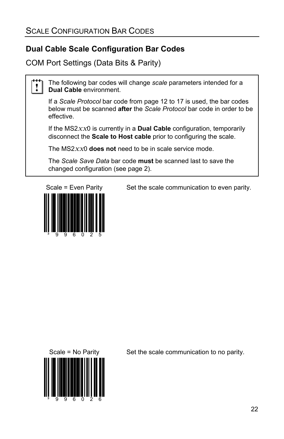 Dual cable scale configuration bar codes, Com port settings (data bits & parity) | Metrologic Instruments Stratos MS2x20 Series User Manual | Page 27 / 92