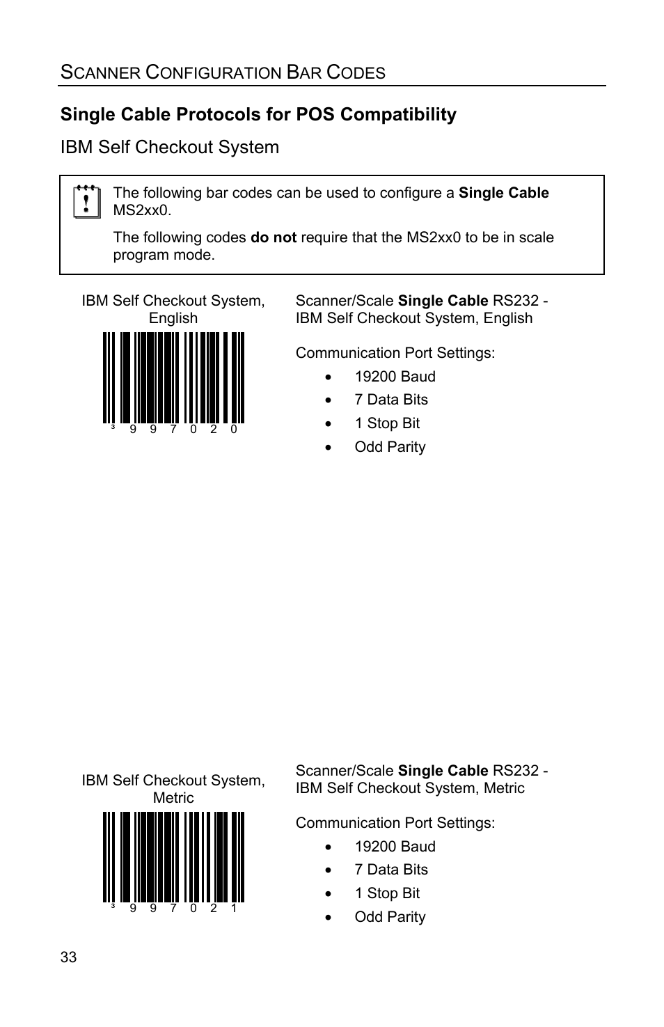 Single cable protocols for pos compatibility, Ibm self checkout system | Metrologic Instruments Stratos MS2x20 Series User Manual | Page 38 / 92