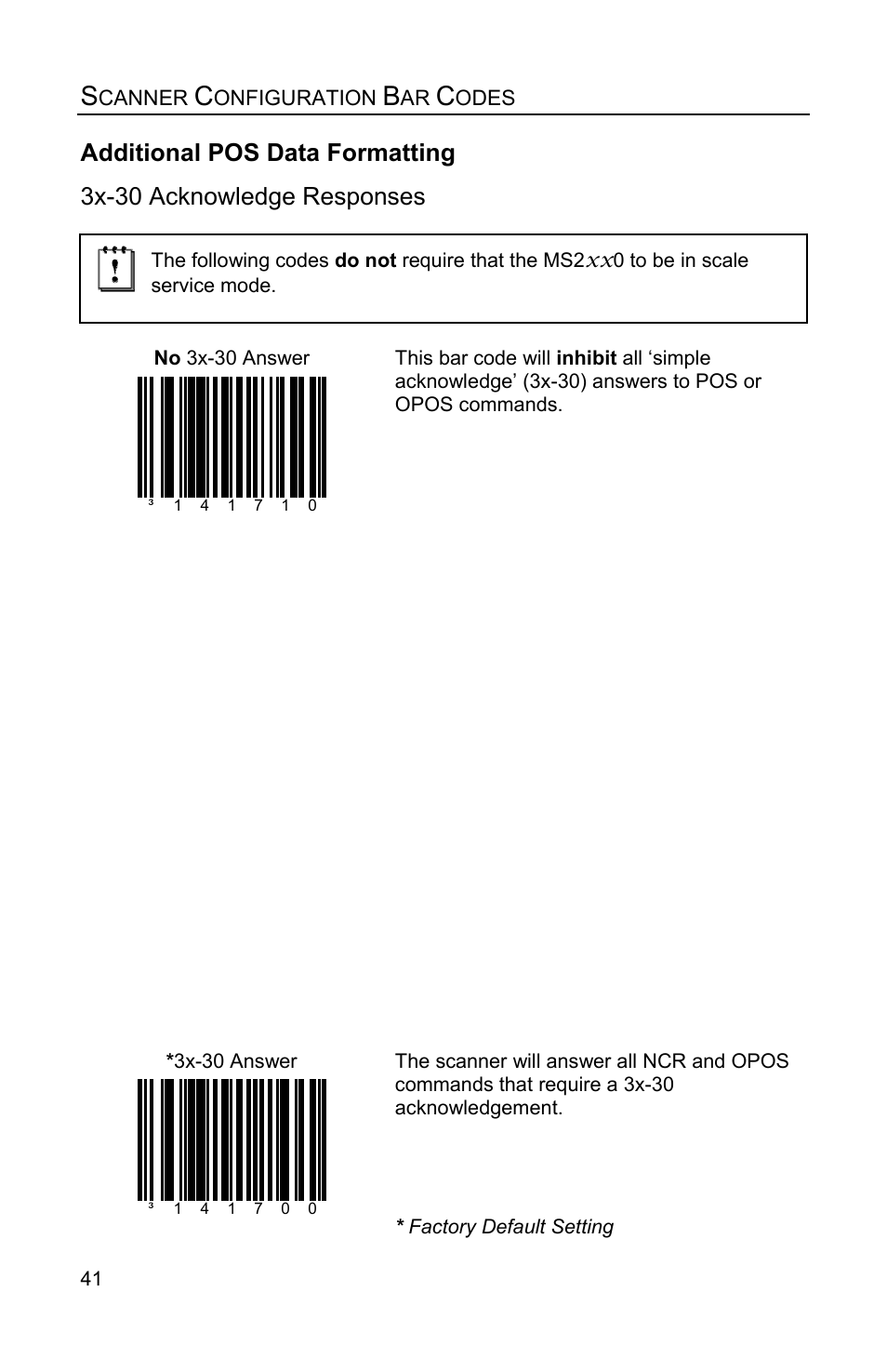 Additional pos data formatting, 3x-30 acknowledge responses | Metrologic Instruments Stratos MS2x20 Series User Manual | Page 46 / 92