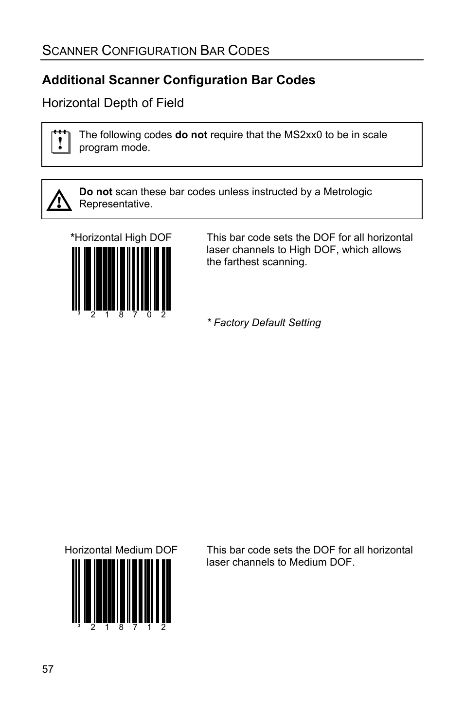 Additional scanner configuration bar codes, Horizontal depth of field | Metrologic Instruments Stratos MS2x20 Series User Manual | Page 62 / 92