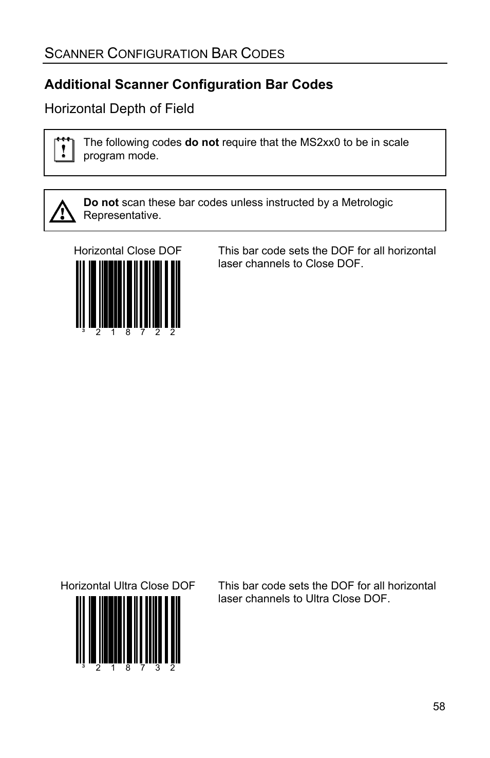 Additional scanner configuration bar codes, Horizontal depth of field | Metrologic Instruments Stratos MS2x20 Series User Manual | Page 63 / 92