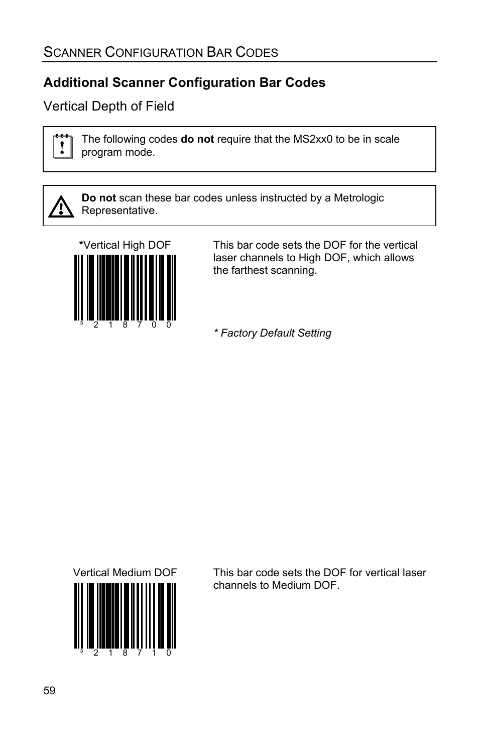 Additional scanner configuration bar codes, Vertical depth of field | Metrologic Instruments Stratos MS2x20 Series User Manual | Page 64 / 92