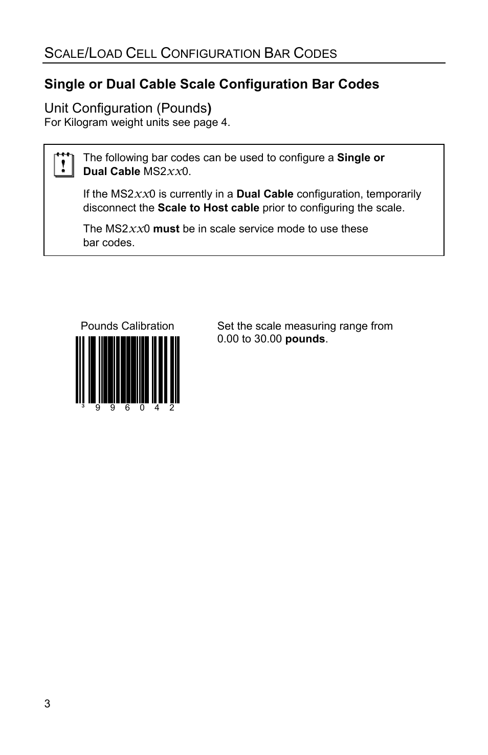 Single or dual cable scale configuration bar codes, Unit configuration (pounds ) | Metrologic Instruments Stratos MS2x20 Series User Manual | Page 8 / 92