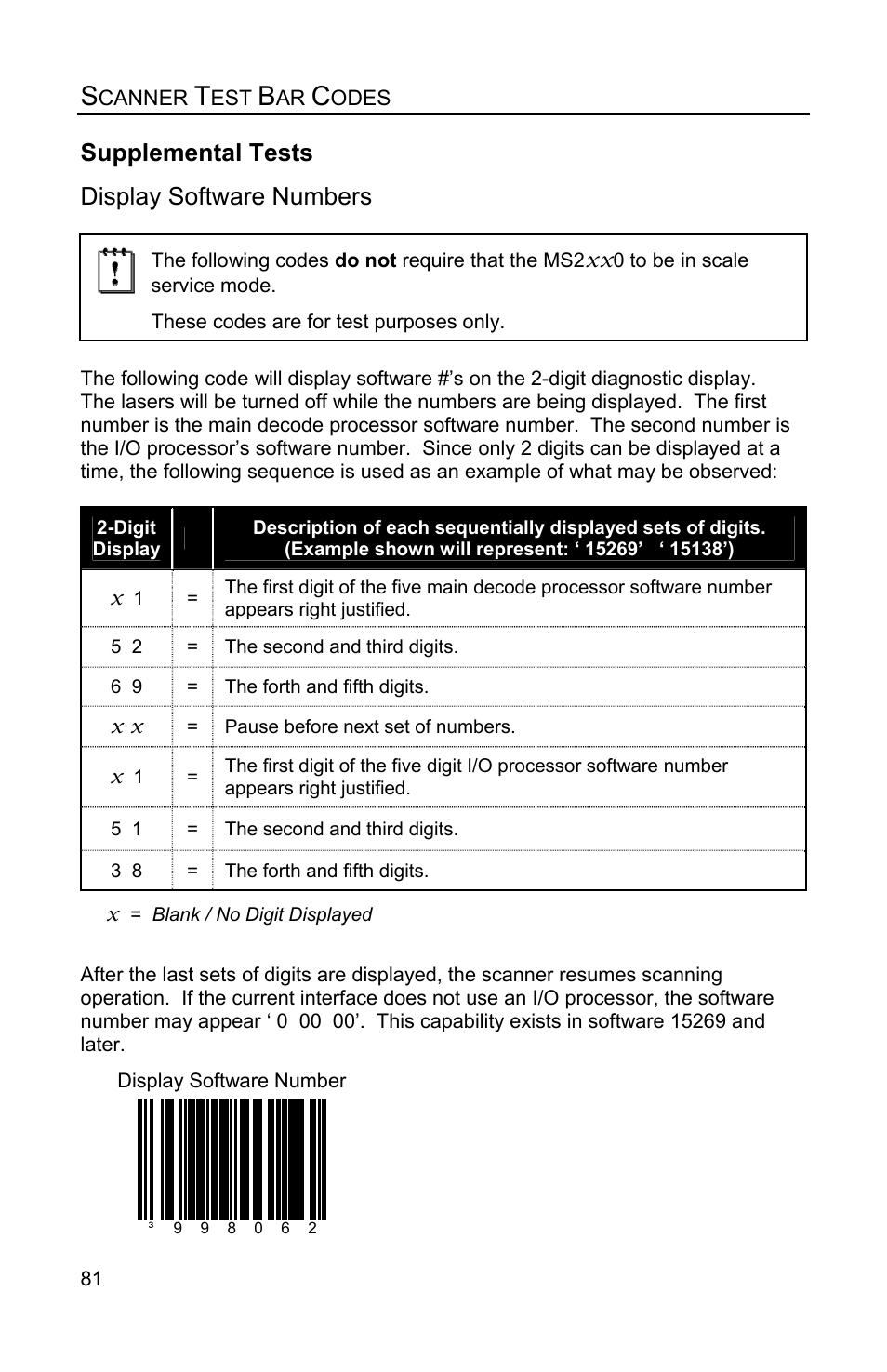 Supplemental tests, Display software numbers | Metrologic Instruments Stratos MS2x20 Series User Manual | Page 86 / 92