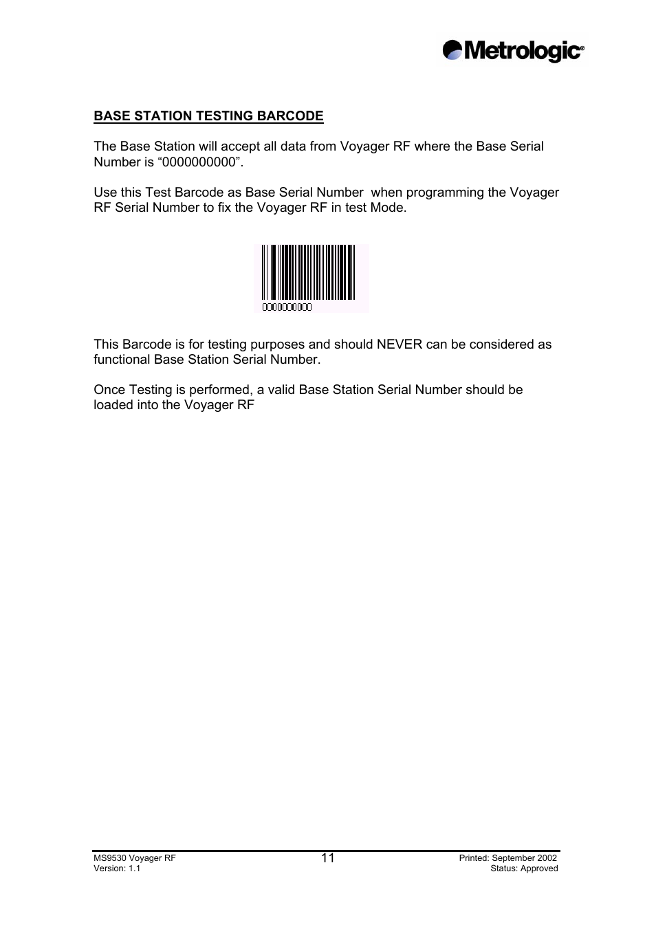 Base station testing barcode | Metrologic Instruments MS9530 Series User Manual | Page 11 / 20