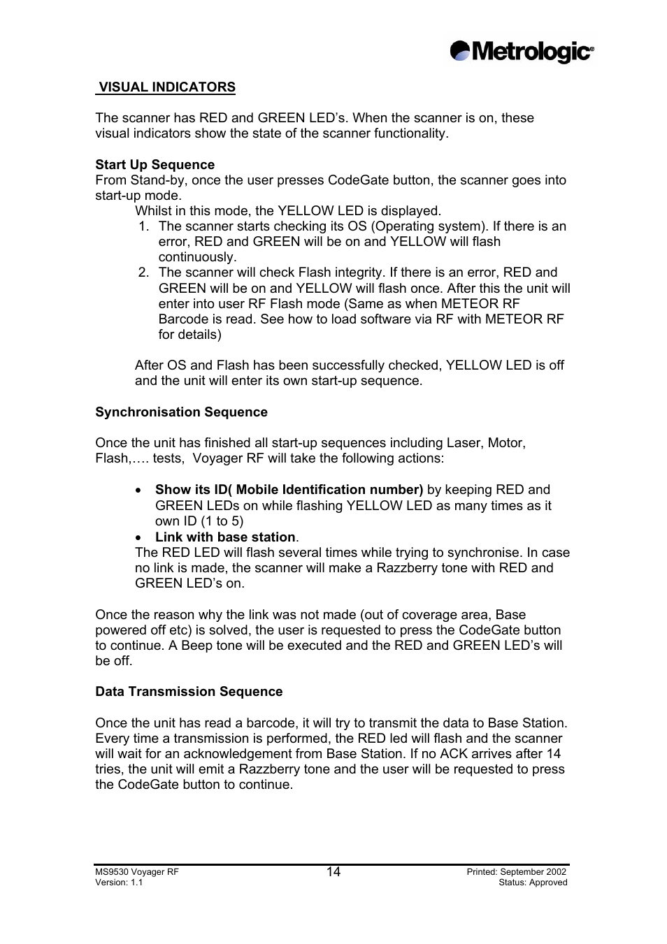 Start up sequence, Synchronisation sequence, Data transmission sequence | Metrologic Instruments MS9530 Series User Manual | Page 14 / 20