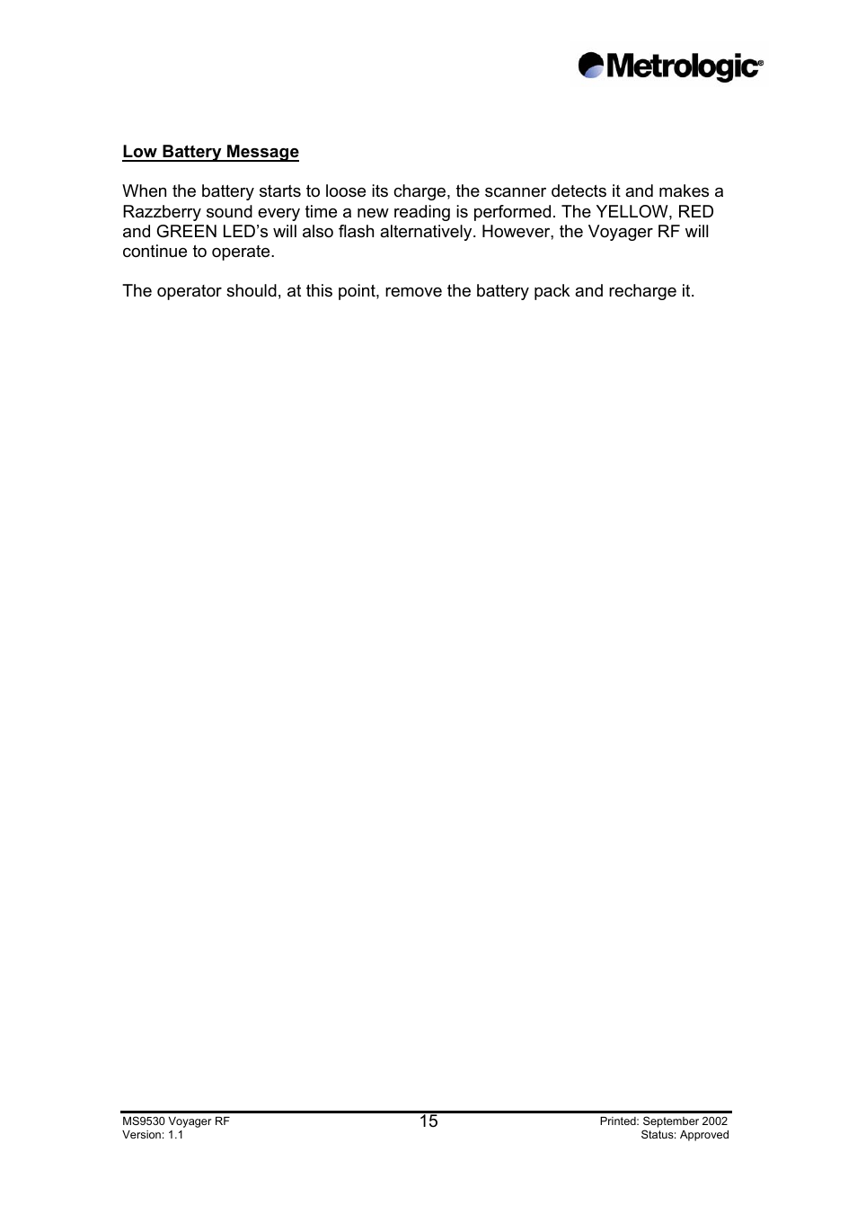 Low battery message | Metrologic Instruments MS9530 Series User Manual | Page 15 / 20