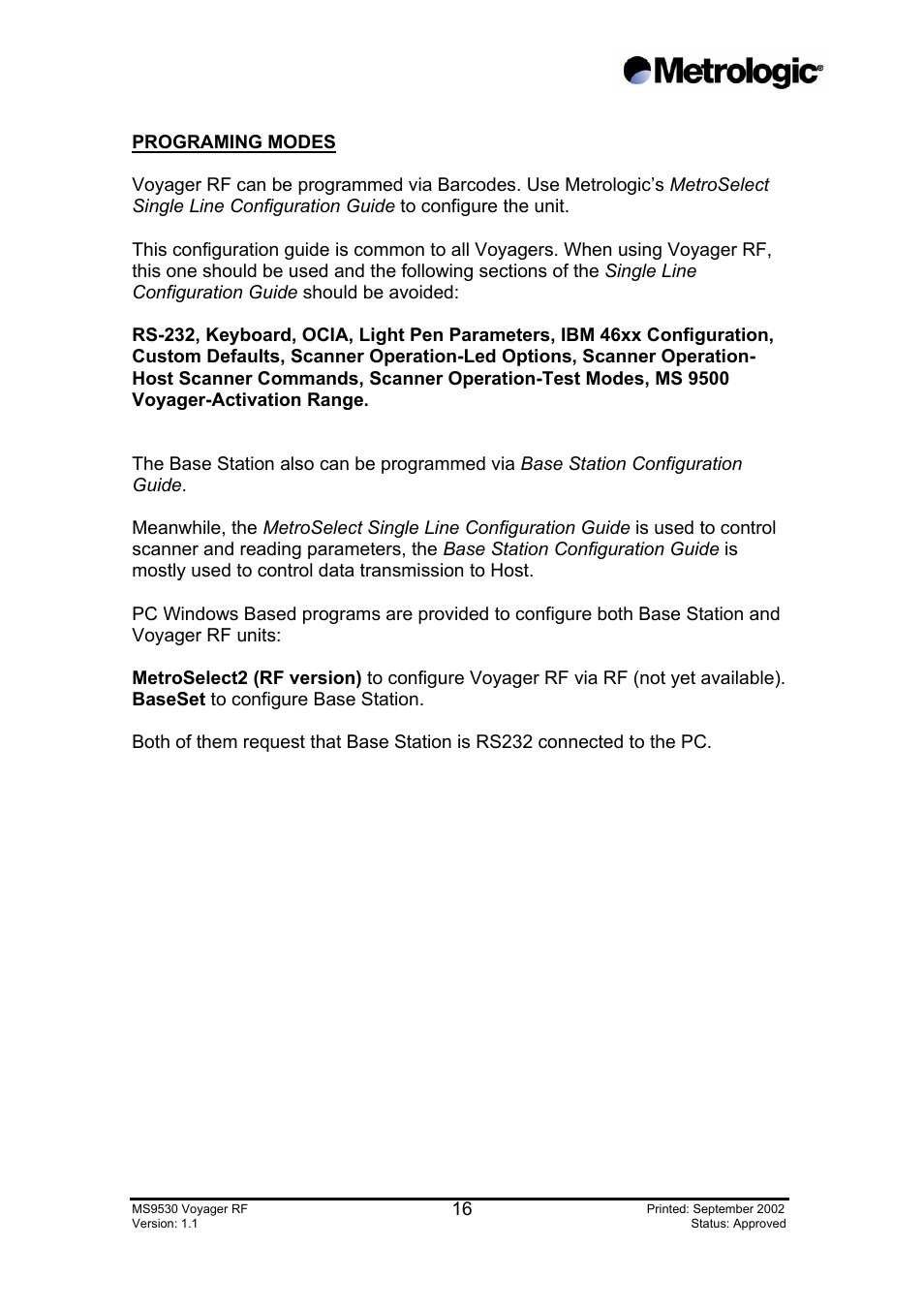 Programing modes | Metrologic Instruments MS9530 Series User Manual | Page 16 / 20
