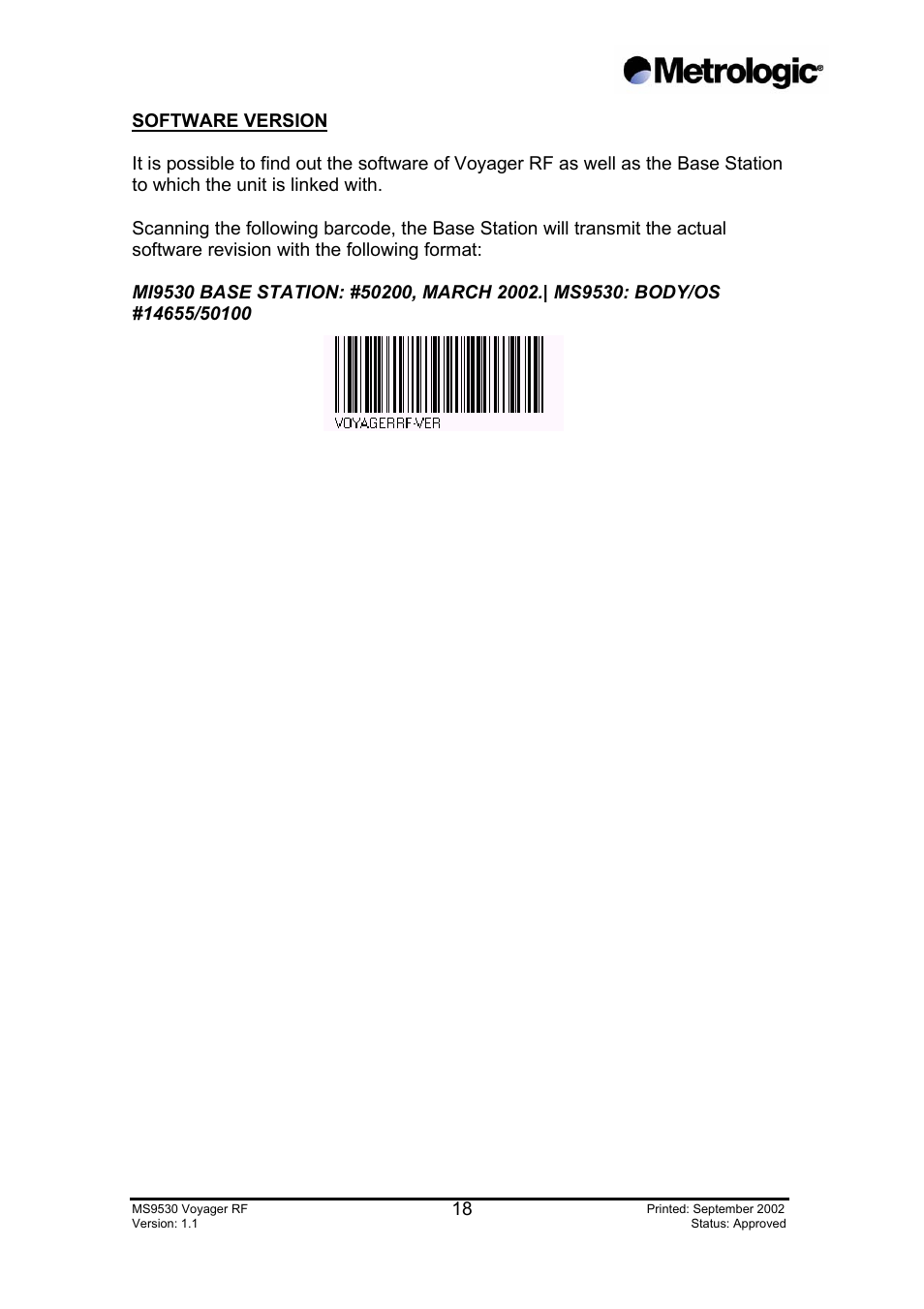 Software version | Metrologic Instruments MS9530 Series User Manual | Page 18 / 20