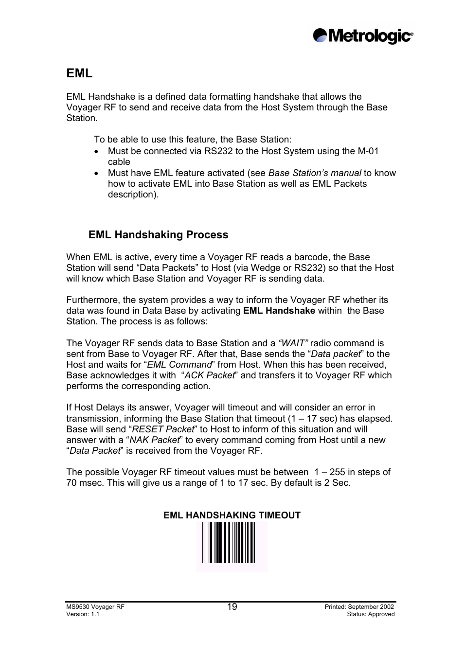 Eml handshaking process, Eml handshaking timeout | Metrologic Instruments MS9530 Series User Manual | Page 19 / 20