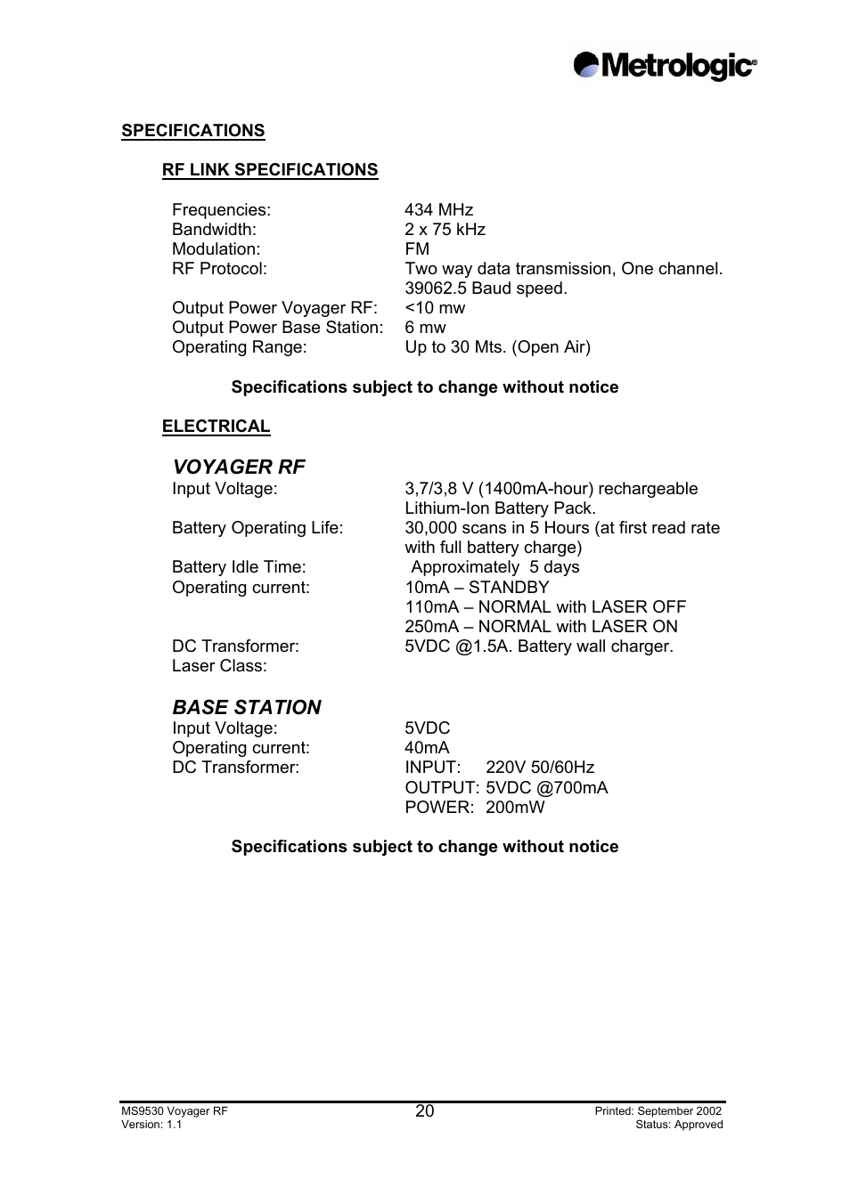 Specifications, Rf link specifications, Electrical | Base station, Voyager rf | Metrologic Instruments MS9530 Series User Manual | Page 20 / 20
