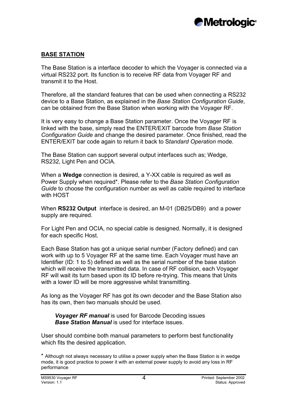 Base station | Metrologic Instruments MS9530 Series User Manual | Page 4 / 20