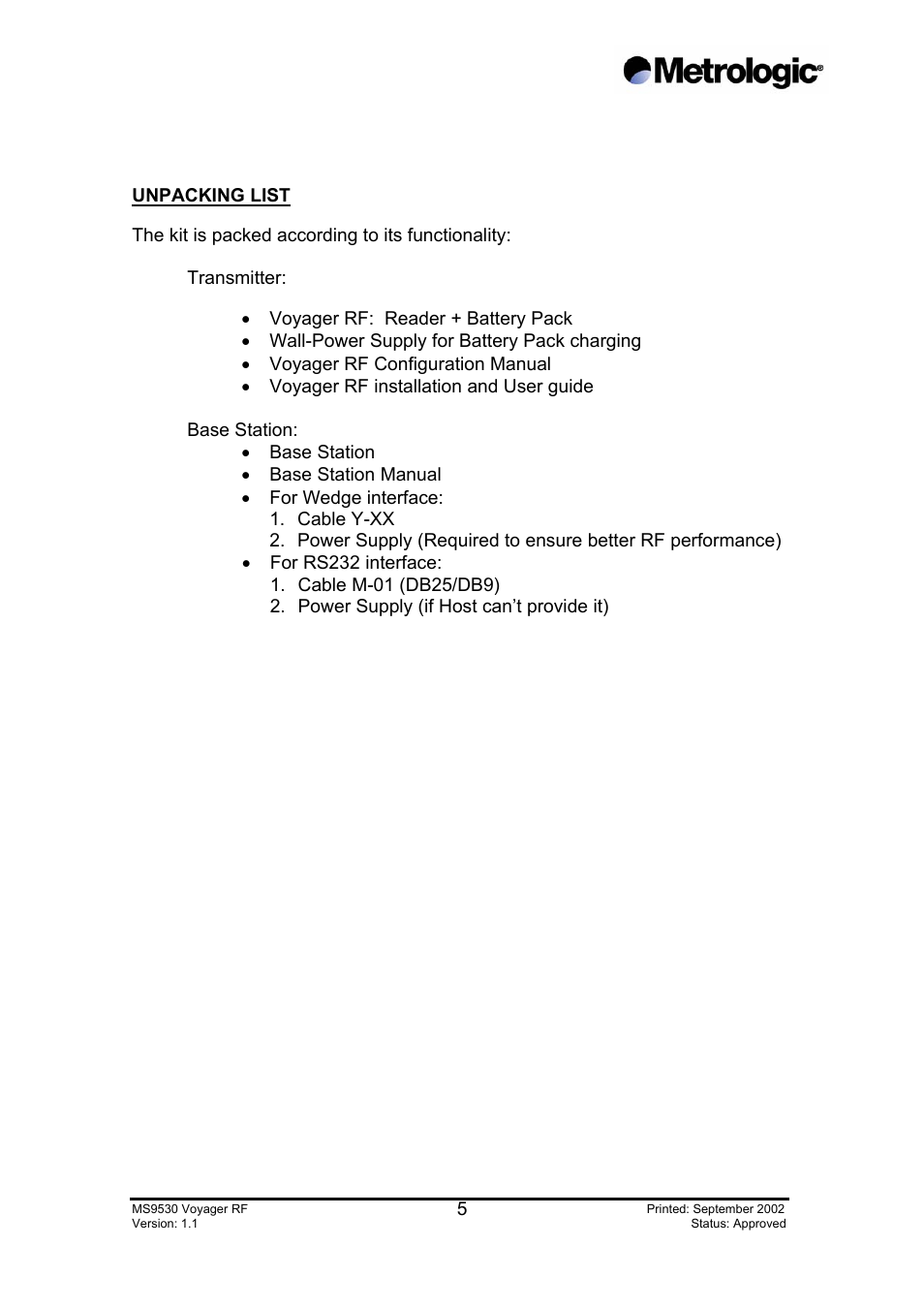 Unpacking list | Metrologic Instruments MS9530 Series User Manual | Page 5 / 20