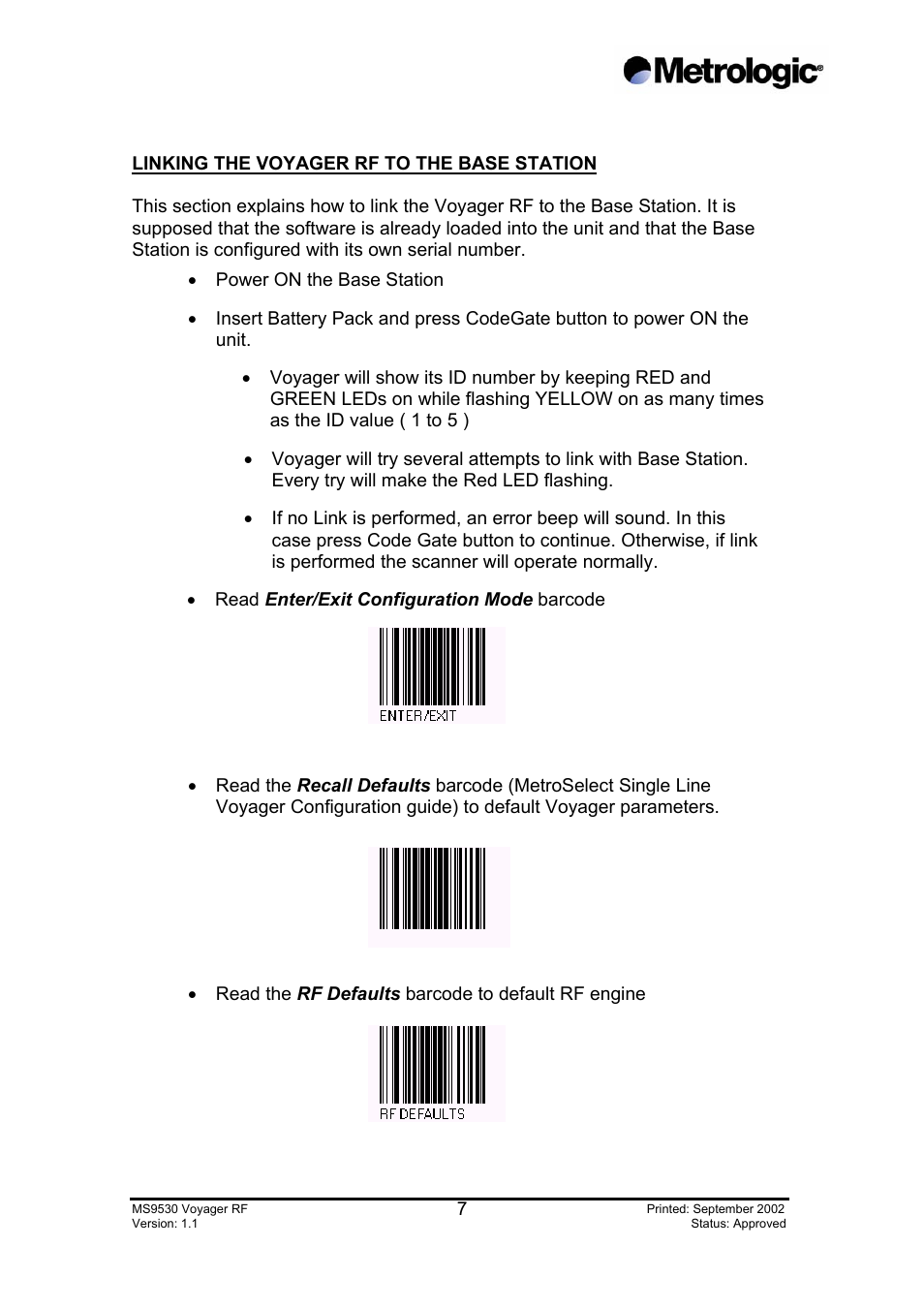 Linking the voyager rf to the base station | Metrologic Instruments MS9530 Series User Manual | Page 7 / 20