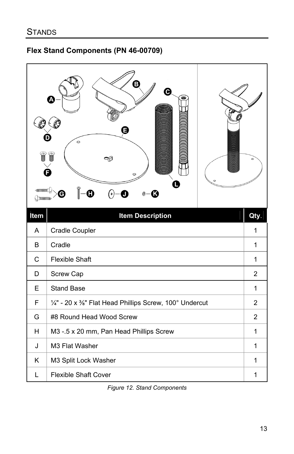 Stands, Flex stand components (pn 46-00709), Flex stand (pn 46-00709) | Metrologic Instruments VOYAGERGS MS9590 User Manual | Page 17 / 47