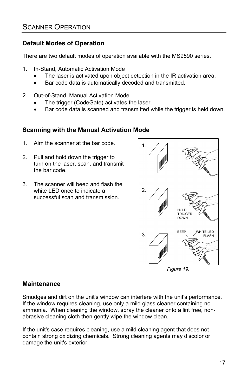 Scanner operation, Default modes of operation, Scanning with the manual activation mode | Maintenance | Metrologic Instruments VOYAGERGS MS9590 User Manual | Page 21 / 47