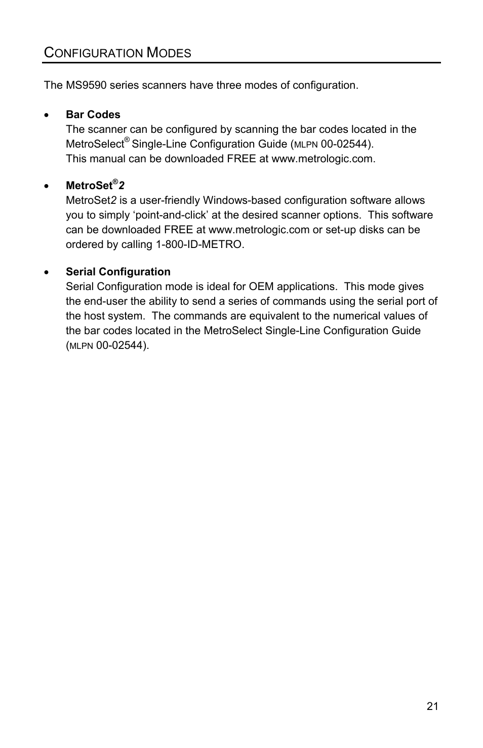Configuration modes | Metrologic Instruments VOYAGERGS MS9590 User Manual | Page 25 / 47