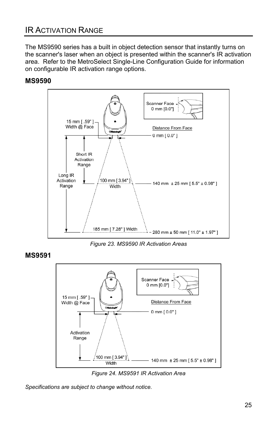 Ir activation range, Ms9590, Ms9591 | Metrologic Instruments VOYAGERGS MS9590 User Manual | Page 29 / 47