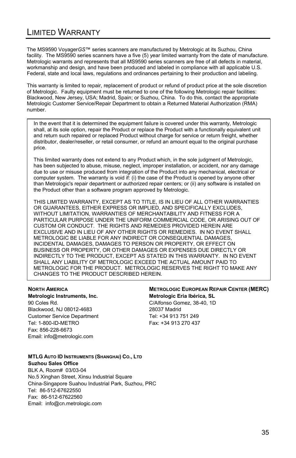 Limited warranty, Imited, Arranty | Metrologic Instruments VOYAGERGS MS9590 User Manual | Page 39 / 47