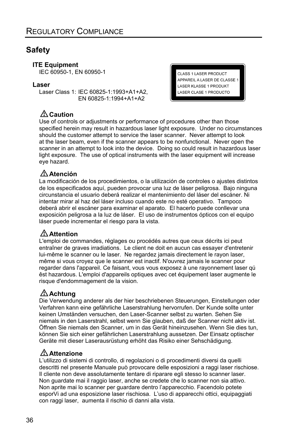 Regulatory compliance, Safety | Metrologic Instruments VOYAGERGS MS9590 User Manual | Page 40 / 47
