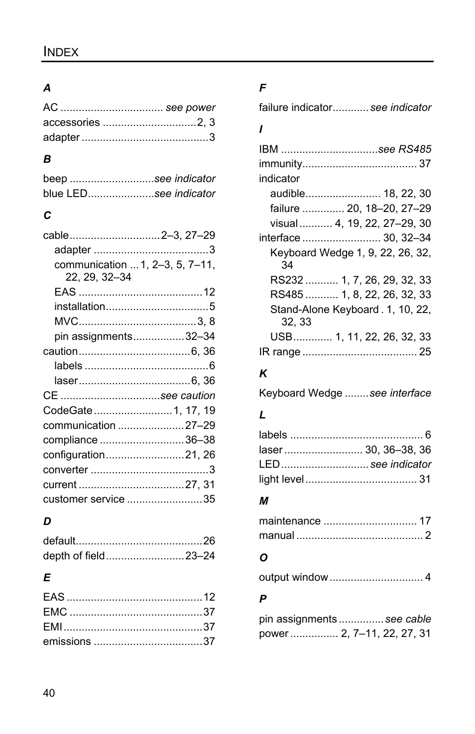 Index | Metrologic Instruments VOYAGERGS MS9590 User Manual | Page 44 / 47